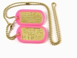 Set Medalioane Militare SUA Personalizate,din alama,lant 60 cm,lant 10 cm cauciucuri de protectie roz fluorescent